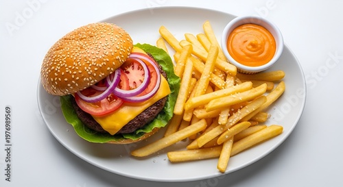 Delicious Burger With Cheese And Fries