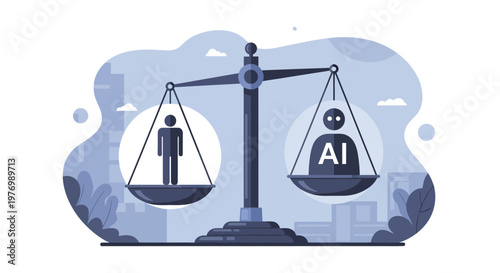 Human versus AI on a balanced scale, representing technological equality and future decision-making