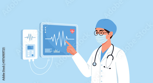 A Doctor in a Mask and Stethoscope Examines a Heartbeat Monitor Display