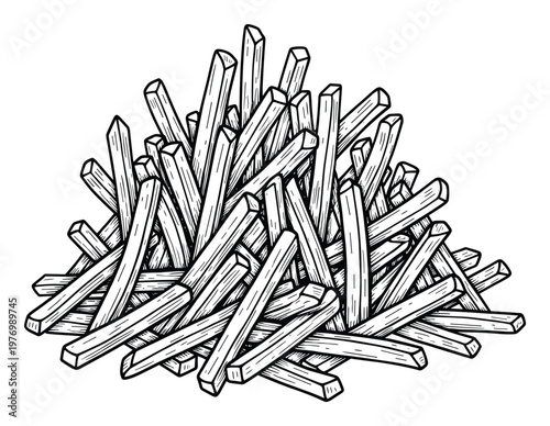 Detailed hand drawn outline french fries pile artwork perfect for fast food menu graphics culinary blog illustrations or restaurant interior wall decor