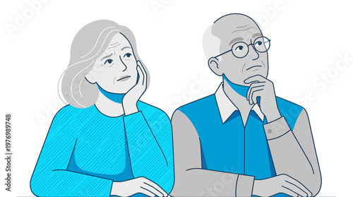 Elderly Couple Thinking and Worried Illustration - Concept of Retirement Planning, Memory Loss, or Financial Decision for Seniors