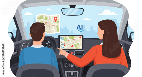 Driver assisted by AI navigating with digital map display inside modern car interior