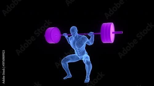 Human Carrying Heavy Barbell with Weights in Squat Exercise Anatomy Animation Concept