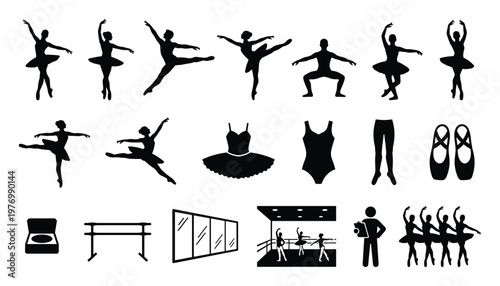 Dynamic ballet dancer silhouettes showcasing various elegant poses leaps and stretches with essential studio equipment and training scenes ideal for dance themed educational and promotional