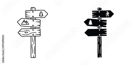Two set two wooden directional signposts with mountain and hiking