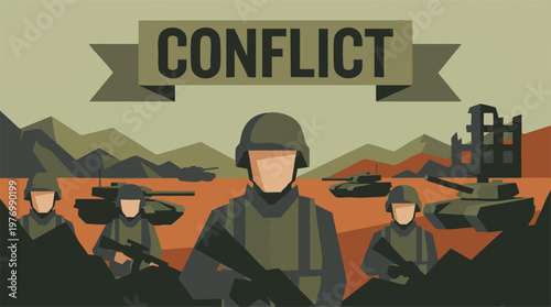 Military conflict illustration with soldiers, tanks, and destroyed city