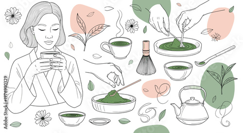 Traditional matcha preparation steps and tea ceremony elements are beautifully illustrated with a soft color palette.