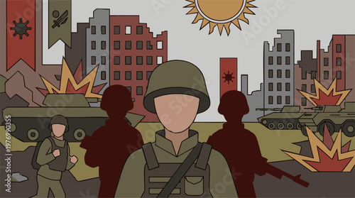 Cartoon illustration of soldiers and tanks fighting in a war-torn city
