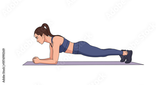Active woman demonstrates the plank exercise on a mat as part of a healthy and consistent fitness workout routine.