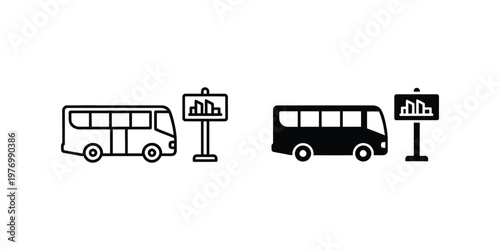 Two set bus and city skyline sign in outline and solid black styles