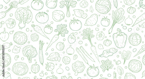 Fresh garden produce is celebrated in this dense pattern of various green line drawn vegetables on a white background.