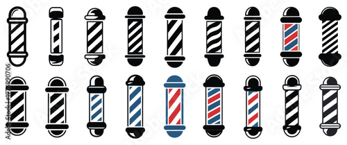 Barber Pole Icon Collections, Crossed Scissors And Comb Symbol, Barber Shop Sign Design, Hair Salon Illustration, Grooming Equipment Icons, Vintage Style Graphics