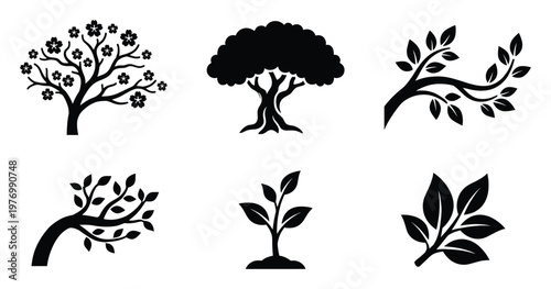 Versatile collection of nature themed silhouette icons showcasing diverse trees, blooming flowers, leafy branches, and young plant seedlings for ecological designs and organic branding