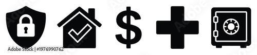 Versatile financial and personal protection glyph icons depicting secure assets, insured property, monetary value, health, and robust safekeeping for various informational interfaces.