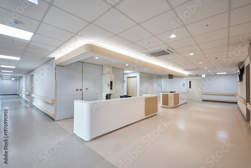 Hospital reception or nurses station in calm modern ward