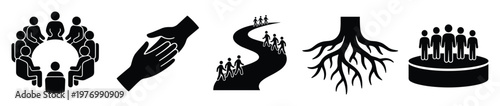 Pictogram collection illustrating concepts of community gathering, helping hands, group journey, strong foundation, and leadership success, ideal for business presentations and social issues