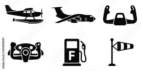 Aviation icons illustrating different aircraft, pilot controls, a fuel pump, and windsock for air travel industry communication, flight school materials, and aerospace technology