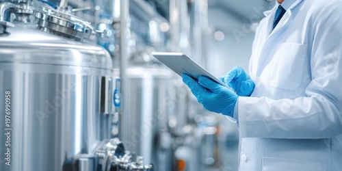 Worker inspecting production line tanker in factory using computer. Gloved hands with a digital tablet on steel tanks background. Brewery fermentation Monitoring. Advanced tools. Food industry banner.
