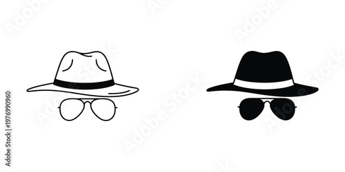 Two set fedora hat and aviator sunglasses outline and solid styles