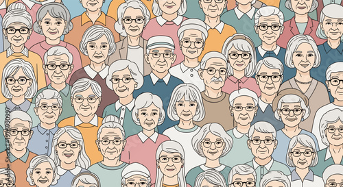 Large group of diverse elderly people wearing glasses and colorful outfits reflects an active and healthy senior community.