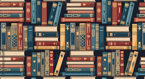 Endless shelves filled with a vast collection of colorful books create a perfect background for library and education themes.