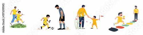 Father and son bonding through soccer activities, coaching, running, and celebrating victory together in a series of flat vector illustrations.