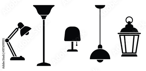 Diverse collection of home and office lighting fixtures including floor, desk, table, pendant, and lantern lamps suitable for interior decor, product catalogs, or educational materials