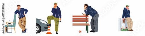 Collection of illustrations showing a man experiencing anxiety and stress in different everyday scenarios, from car breakdowns to financial worries and waiting.