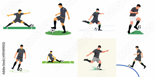 Set of Minimalist Flat Vector Illustrations of Male Soccer Players in Various Dynamic Action Poses on a White Background