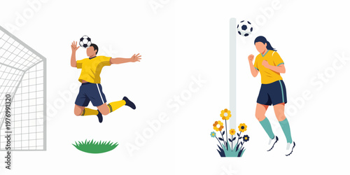 Flat vector illustration of a male and female soccer player jumping and heading a ball during a match or practice session.