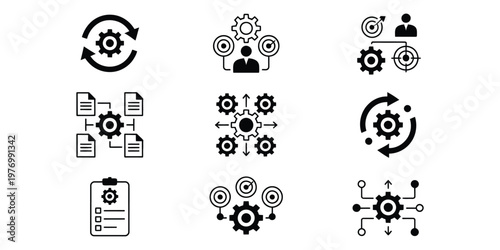 Gear and cog operation icon collection, vector set, including wheel symbols, business workflow, process automation, industrial systems, and productivity optimization concept, suitable for apps, UI.