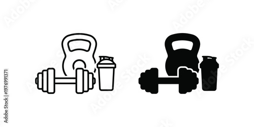 Two set kettlebell, dumbbell, and protein shaker bottle in outline and solid styles