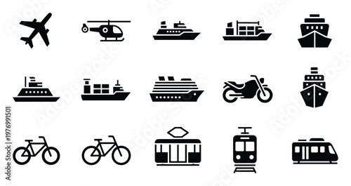 Collection of simple black silhouette icons representing diverse modes of transportation including air sea and land vehicles for modern graphic design applications and digital projects