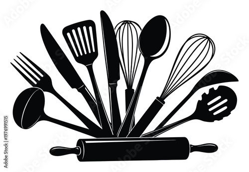 Assortment of black silhouette kitchen gadgets and cooking instruments such as a fork knife whisk spatula and rolling pin ideal for recipe books and restaurant menus