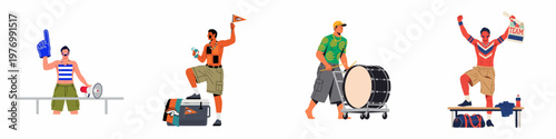 Illustrations of diverse male sports fans cheering with foam fingers, flags, drums, and megaphones, showcasing enthusiastic team support.