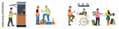 Flat vector illustrations of construction workers taking breaks at food stalls, buying drinks, and socializing during their workday.