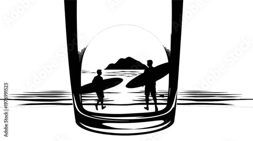 Surfers Silhouettes Gazing at Ocean Horizon at Dusk Minimalist Artistic Illustration