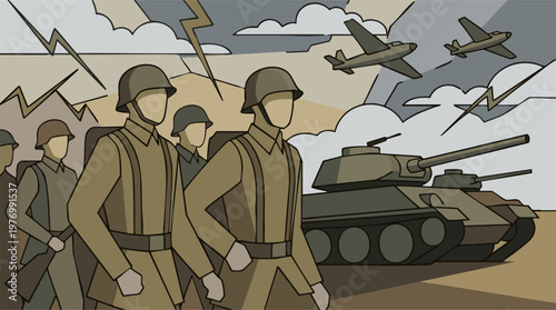 War scene illustration with soldiers, tanks, and aircraft in action