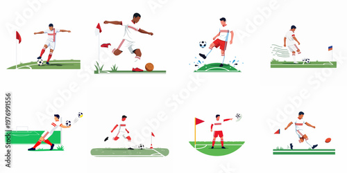 Set of vector illustrations featuring soccer players in various actions on the field, including kicking, juggling, and taking corner kicks.