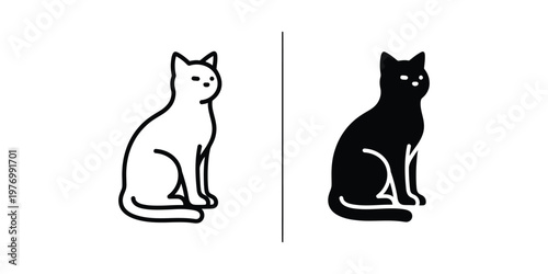 Two set minimalist of a sitting cat in black and white