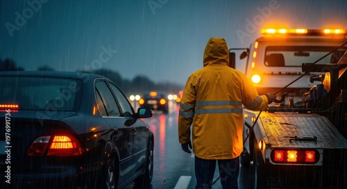 Male Tow Truck Driver in Yellow Raincoat Providing Emergency Roadside Assistance on Rainy Highway