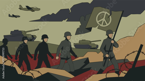 Soldiers Marching with Peace Flag in War-Torn Landscape with Military Vehicles