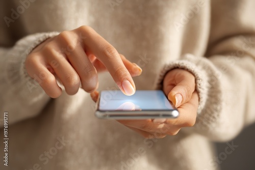 Woman Use cellphone at city light bokeh. Point finger on phone screen closeup, person texting message, touch smartphone display. Close up hands. Online wi-fi. Female using mobile phone searching data