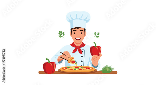 Enthusiastic chef prepares a delicious pizza using fresh bell peppers and traditional chopsticks in a fun illustration.
