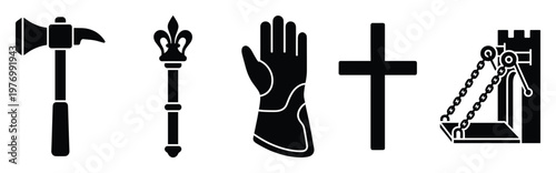 A compelling array of medieval historical symbols and artifacts featuring a formidable battle axe, a regal scepter, an armored gauntlet, a classic cross, and a castle drawbridge, excellent