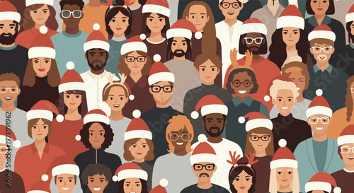 Diverse crowd of happy people wearing festive red Santa hats celebrates the holiday season together in this joyful pattern.