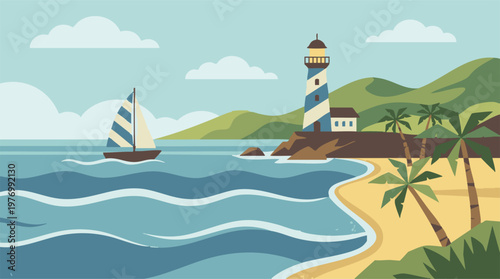 Minimalist vector illustration of coastal landscape with lighthouse and sailboat