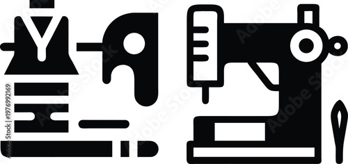 Silhouette of sewing machine and accessories, black icon set on transparent background.