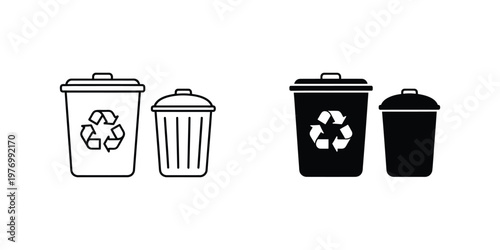 Two set recycling bin and trash can in outline and solid black styles
