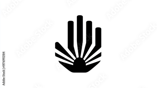 Stylized hand silhouette with radiating lines resembling sun rays on white